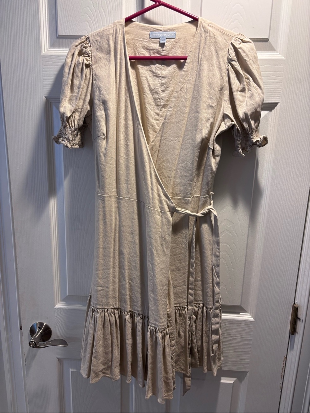 Antonio Melani Tie-Waist Puff Sleeve Wrap Dress in Neutral Cream